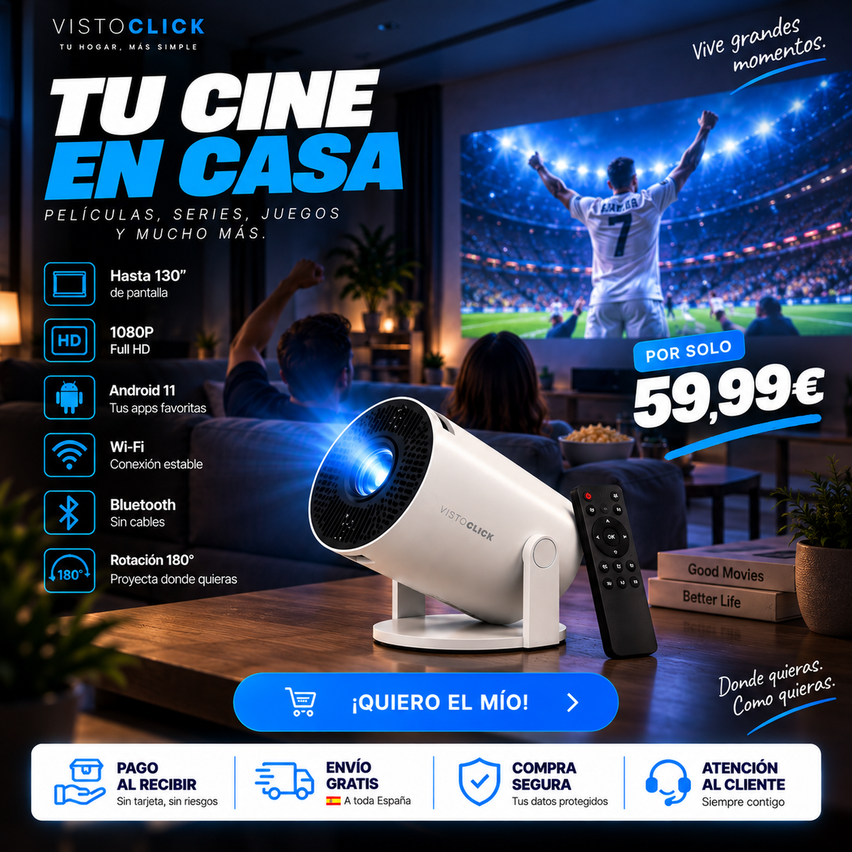 Proyector Portátil Ultra HD PRO 📽️ + Android 11 + Wi-Fi + Bluetooth + Pantalla hasta 130” + Rotación 180° — Cine en Casa