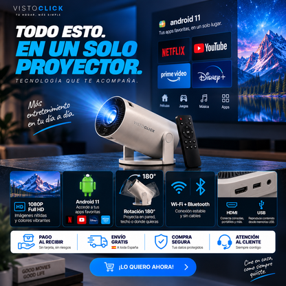 Proyector Portátil Ultra HD PRO 📽️ + Android 11 + Wi-Fi + Bluetooth + Pantalla hasta 130” + Rotación 180° — Cine en Casa