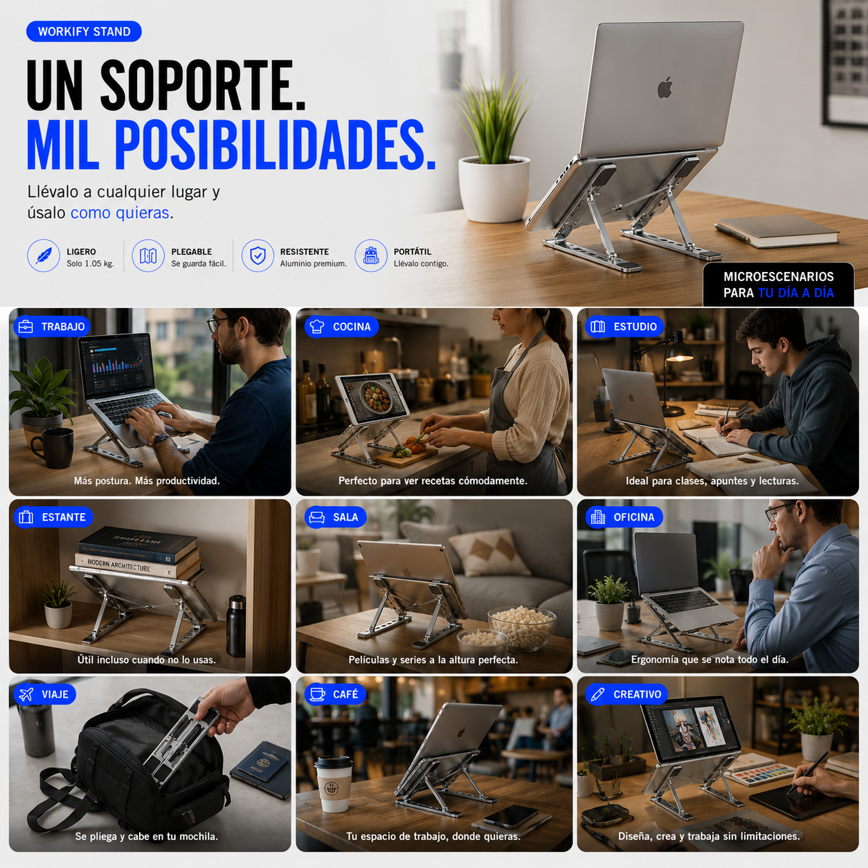Workify - Soporte para ordenador y Tablet de Aleación de Aluminio.
