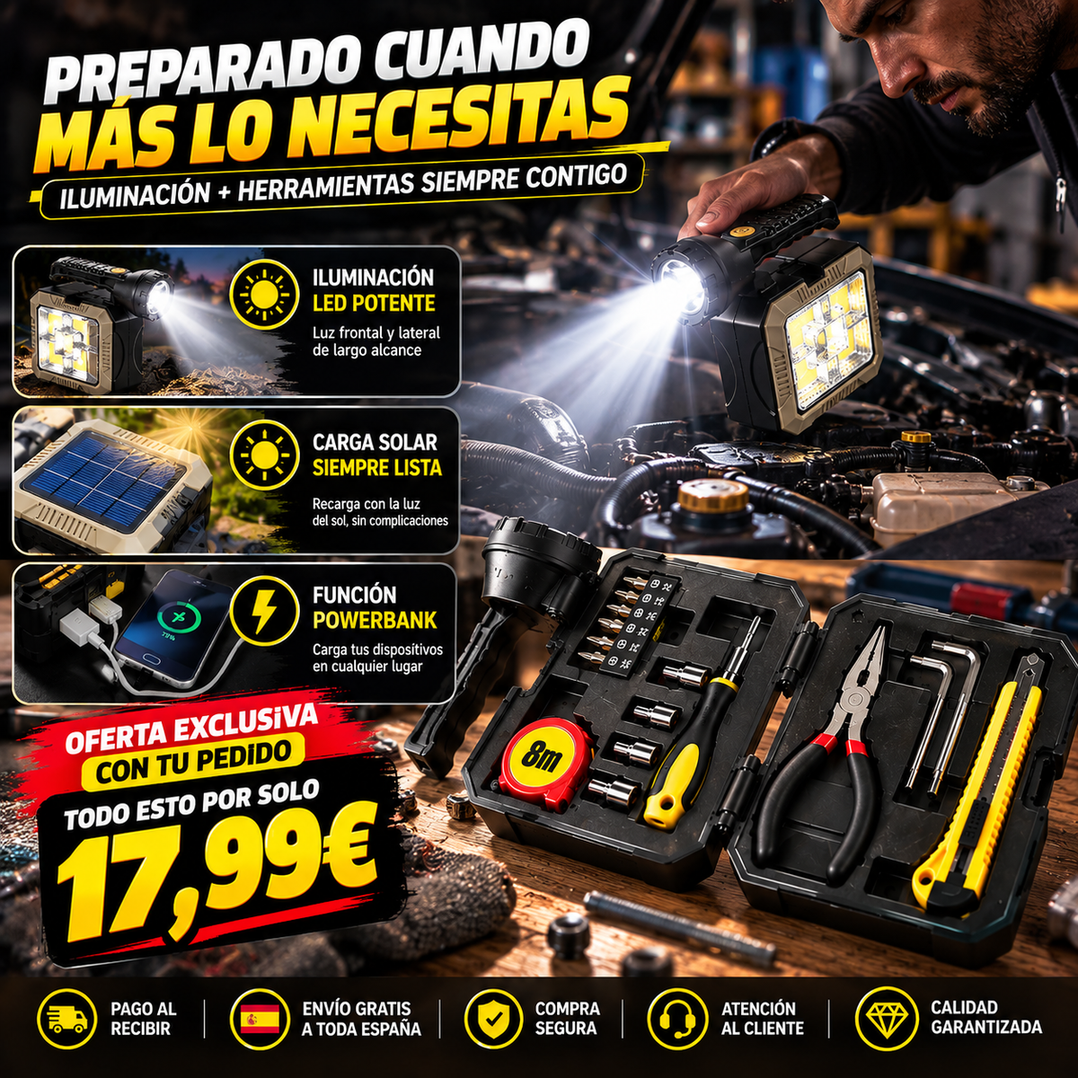 🔦 LINTERNA LED SOLAR + KIT DE HERRAMIENTAS