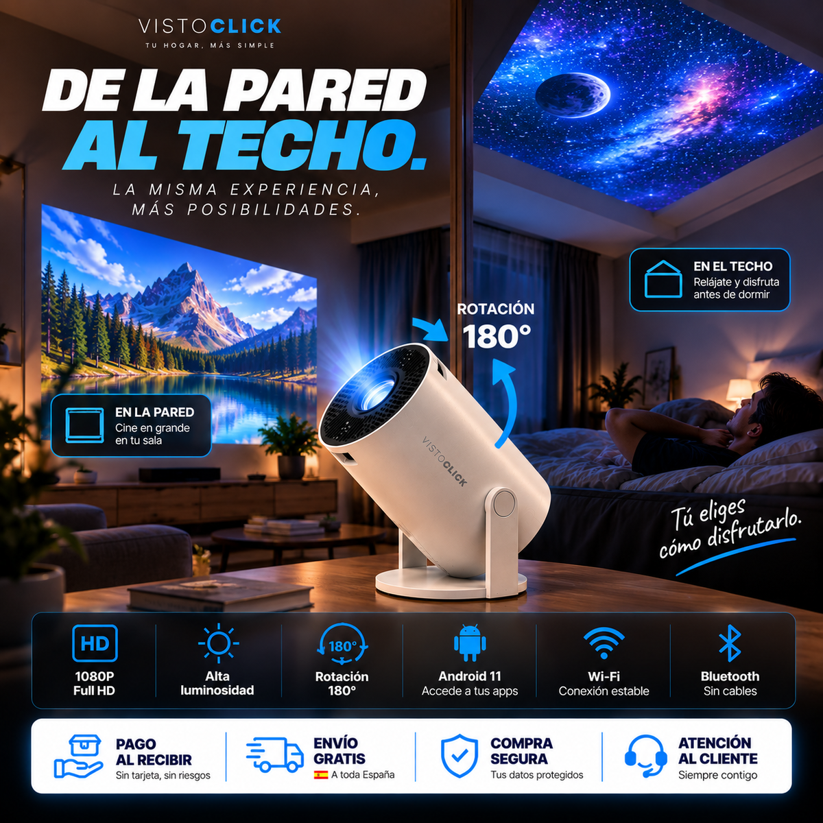 Proyector Portátil Ultra HD PRO 📽️ + Android 11 + Wi-Fi + Bluetooth + Pantalla hasta 130” + Rotación 180° — Cine en Casa
