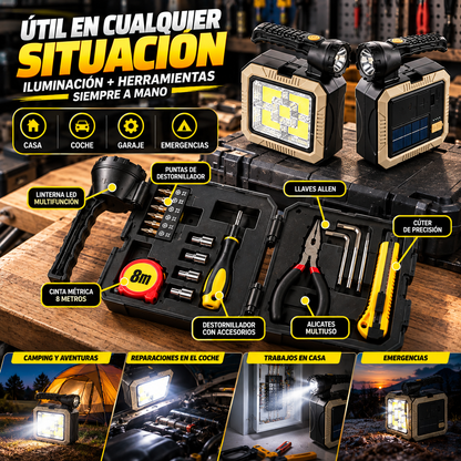 🔦 LINTERNA LED SOLAR + KIT DE HERRAMIENTAS