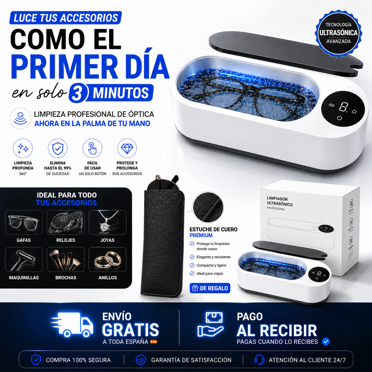 Limpiador Ultrasónico + Funda de Cuero Premium GRATIS + Envio Gratis- Paga al Recibir