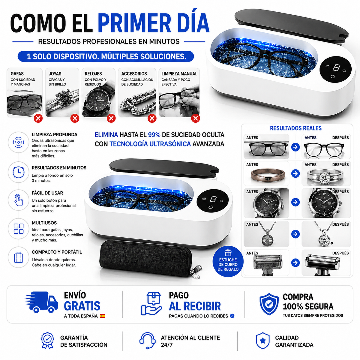Limpiador Ultrasónico + Funda de Cuero Premium GRATIS + Envio Gratis- Paga al Recibir