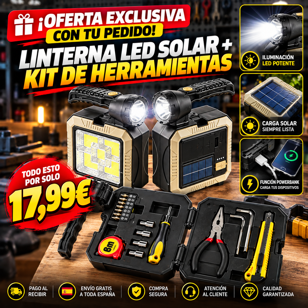 🔦 LINTERNA LED SOLAR + KIT DE HERRAMIENTAS