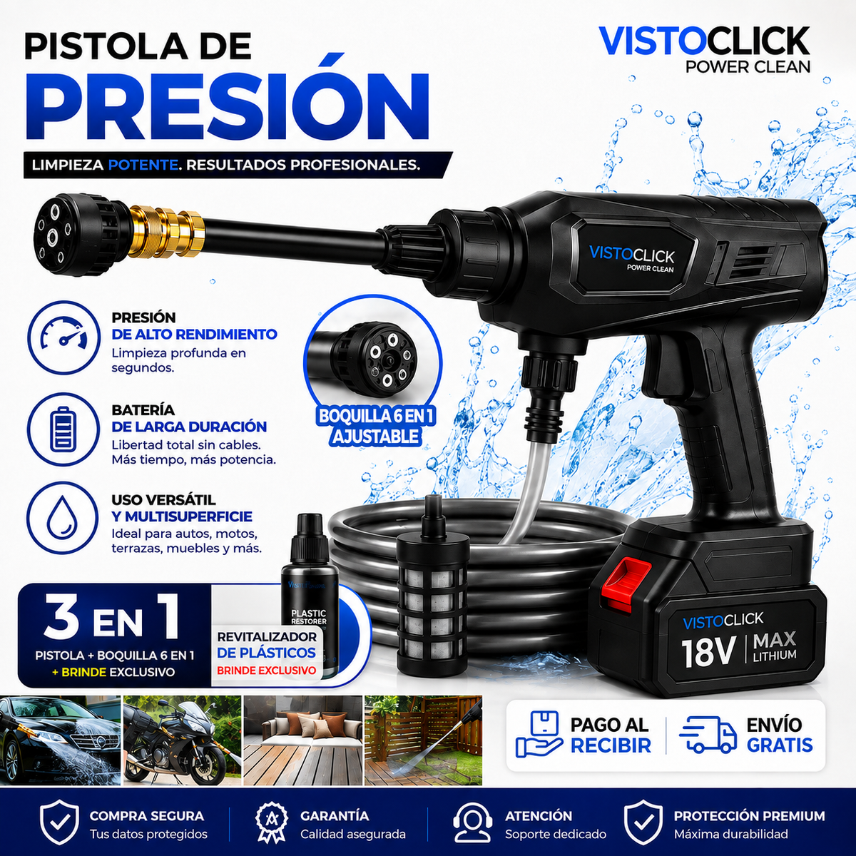 AquaJet PRO Pistola de Alta Presión + Adaptador 6 en 1 + REGALO🎁 (Restaurador Premium) — Kit Completo