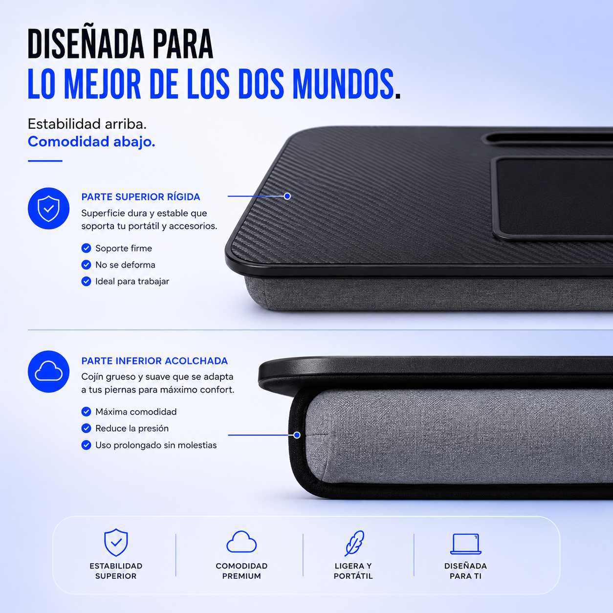 Ergomesa - Escritorio portátil con cojín para ordenador.