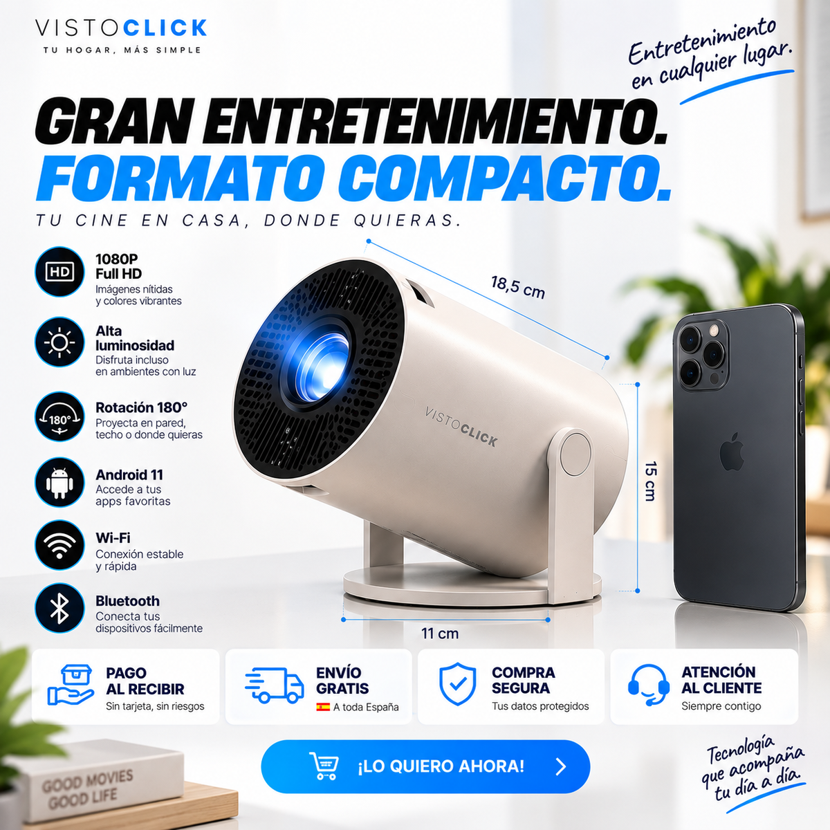 Proyector Portátil Ultra HD PRO 📽️ + Android 11 + Wi-Fi + Bluetooth + Pantalla hasta 130” + Rotación 180° — Cine en Casa