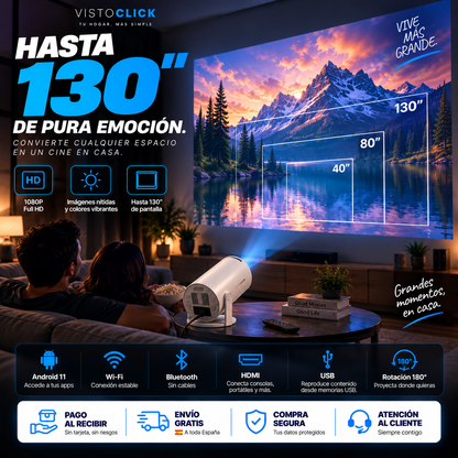 Proyector Portátil Ultra HD PRO 📽️ + Android 11 + Wi-Fi + Bluetooth + Pantalla hasta 130” + Rotación 180° — Cine en Casa