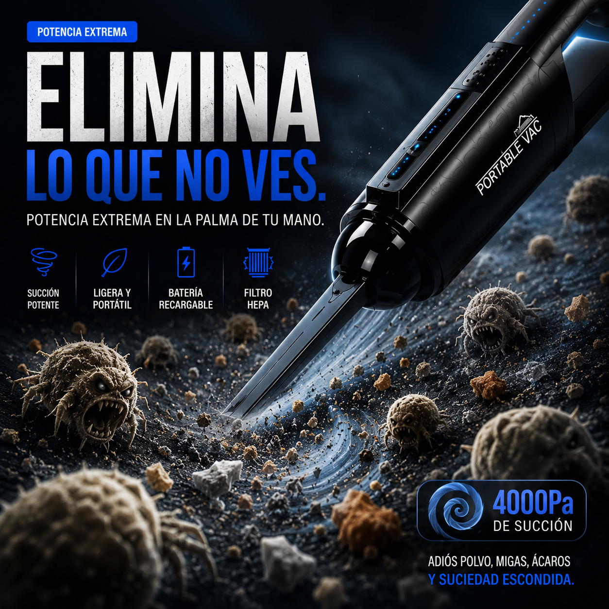 Mini aspiradora inalámbrica de alta potencia.