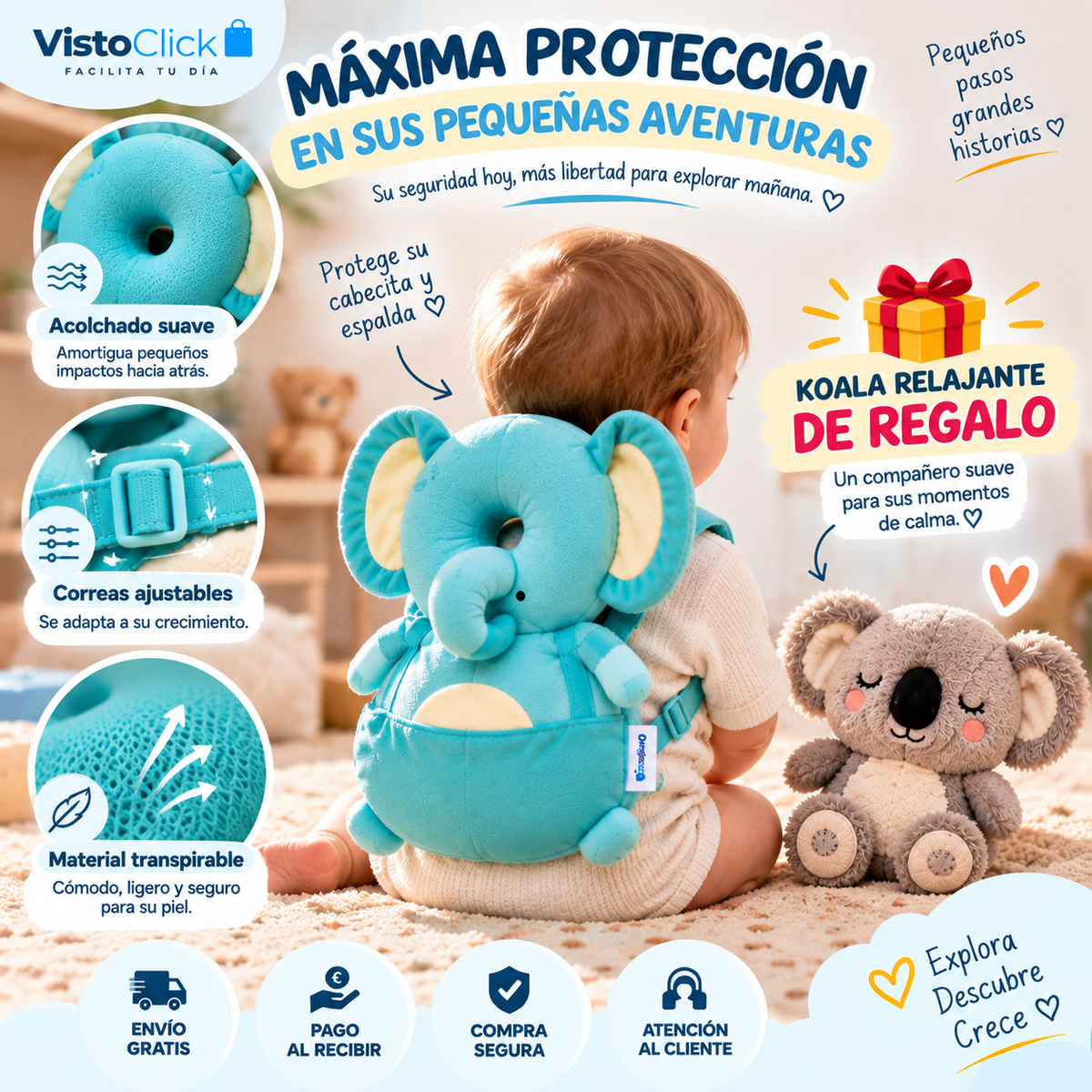 🐘 Pack Primeros Pasos PRO — Almohadilla Protectora para Bebé + 🎁 Koala Relajante de REGALO
